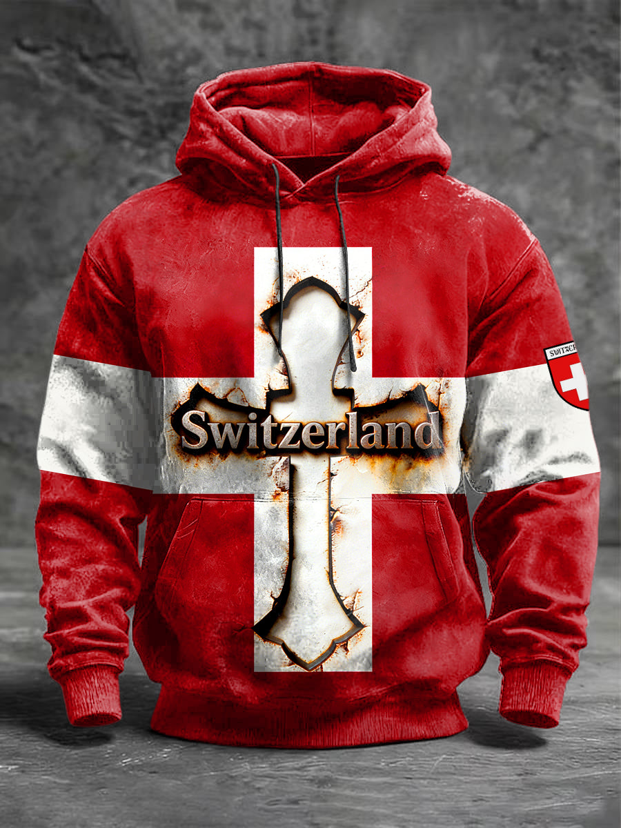 Sweat-shirt Homme Drapeau Suisse Imprimé 3D Rouge