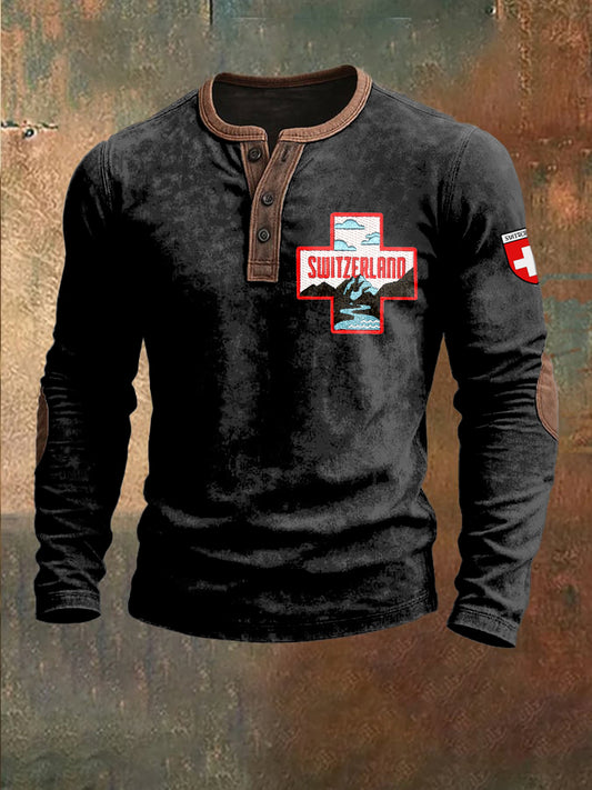 Sweat-shirt Homme Noir Imprimé Croix Suisse Patchwork