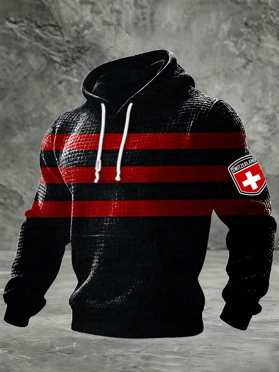 Sweat à capuche homme en tricot gaufré imprimé Swiss Badge rayé noir et rouge