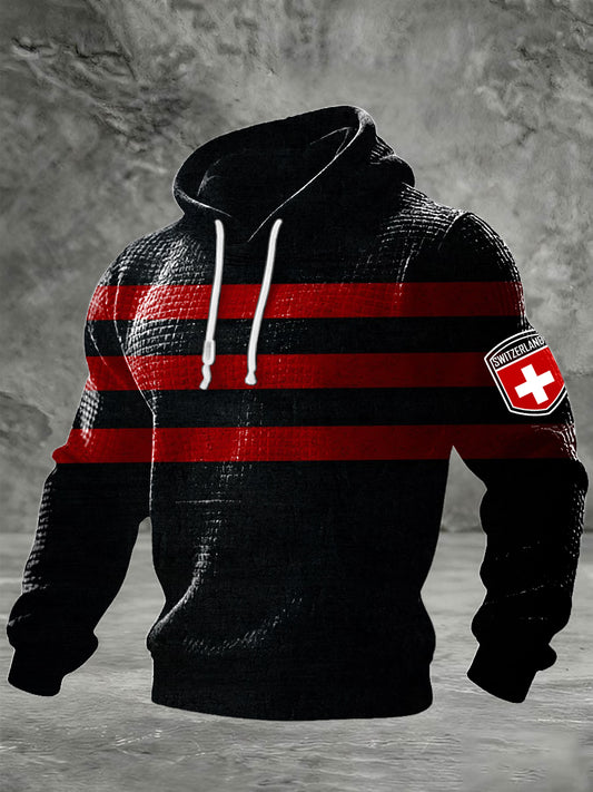 Sweat à capuche homme en tricot gaufré imprimé Swiss Badge rayé noir et rouge