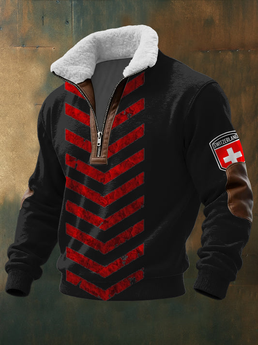 Pull homme Edgy Red Chevron Swiss Cross Print col Sherpa