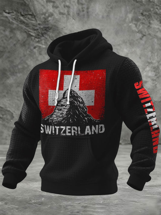 Sweat-shirt Homme En Tricot Gaufré Imprimé Drapeau Suisse Et Montagne