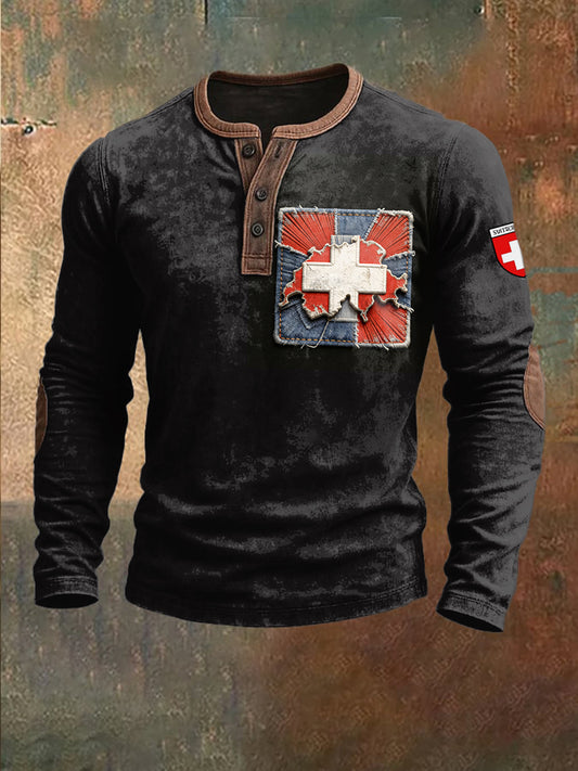 Sweat-shirt à imprimé patchwork en denim avec drapeau suisse pour hommes