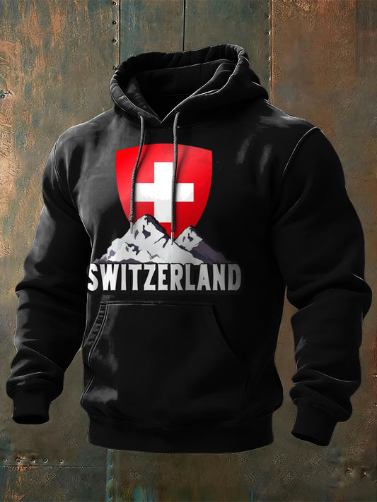 Sweatshirt à capuche Homme Sleek Swiss Shield & Mountain Imprimé Noir