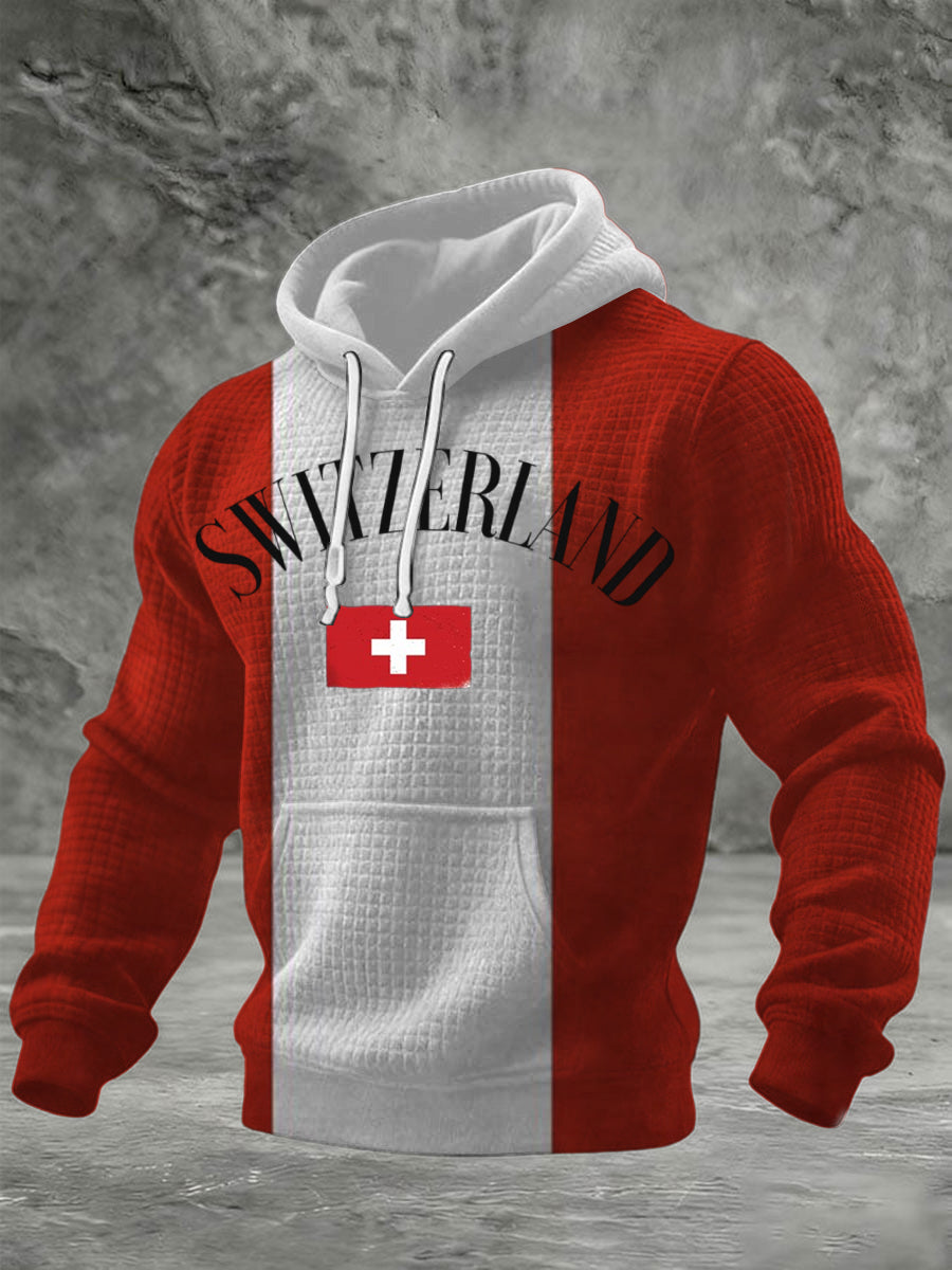 Sweat à capuche Homme Rayé Rouge-Blanc Imprimé Croix Suisse Gaufré
