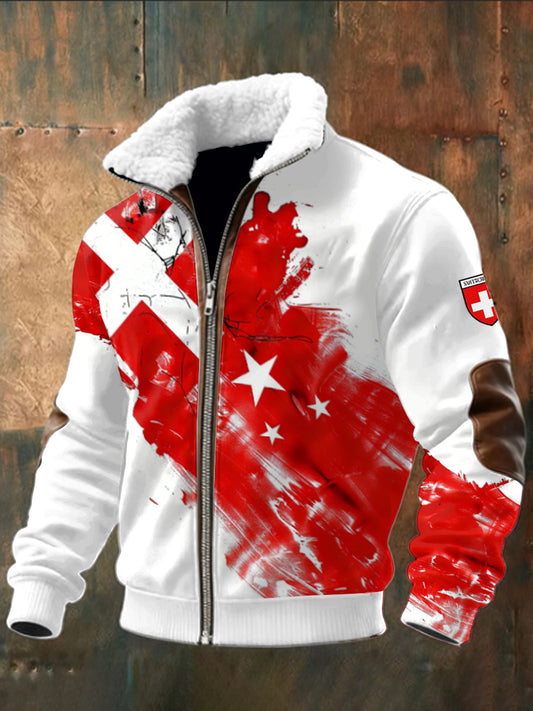 Veste blanche en patchwork imprimé drapeau suisse pour hommes