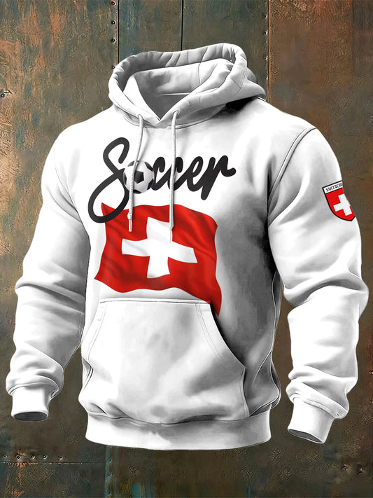 Sweat-shirt à capuche blanc imprimé drapeau suisse pour homme