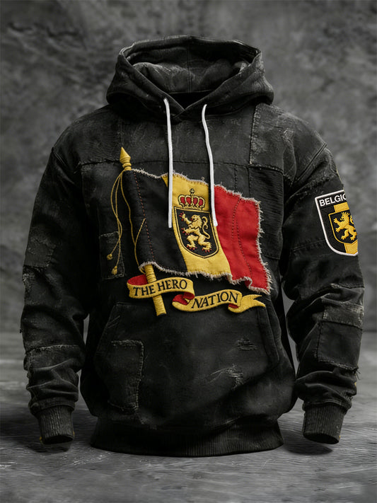 Sweat à Capuche Décontracté Patchwork Drapeau Belge Rétro