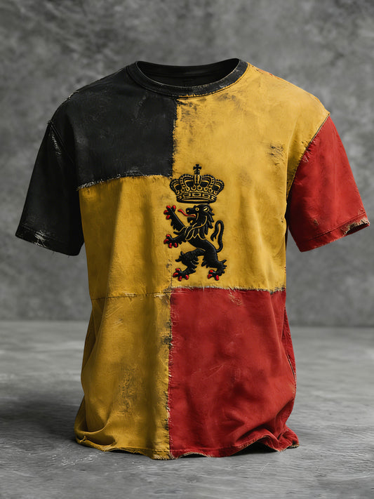 T-shirt décontracté rétro drapeau belge patchwork géométrique