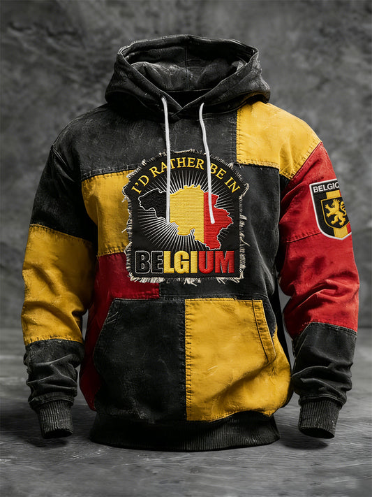 Sweat à Capuche Décontracté Rétro Drapeau Belge Carte Patchwork