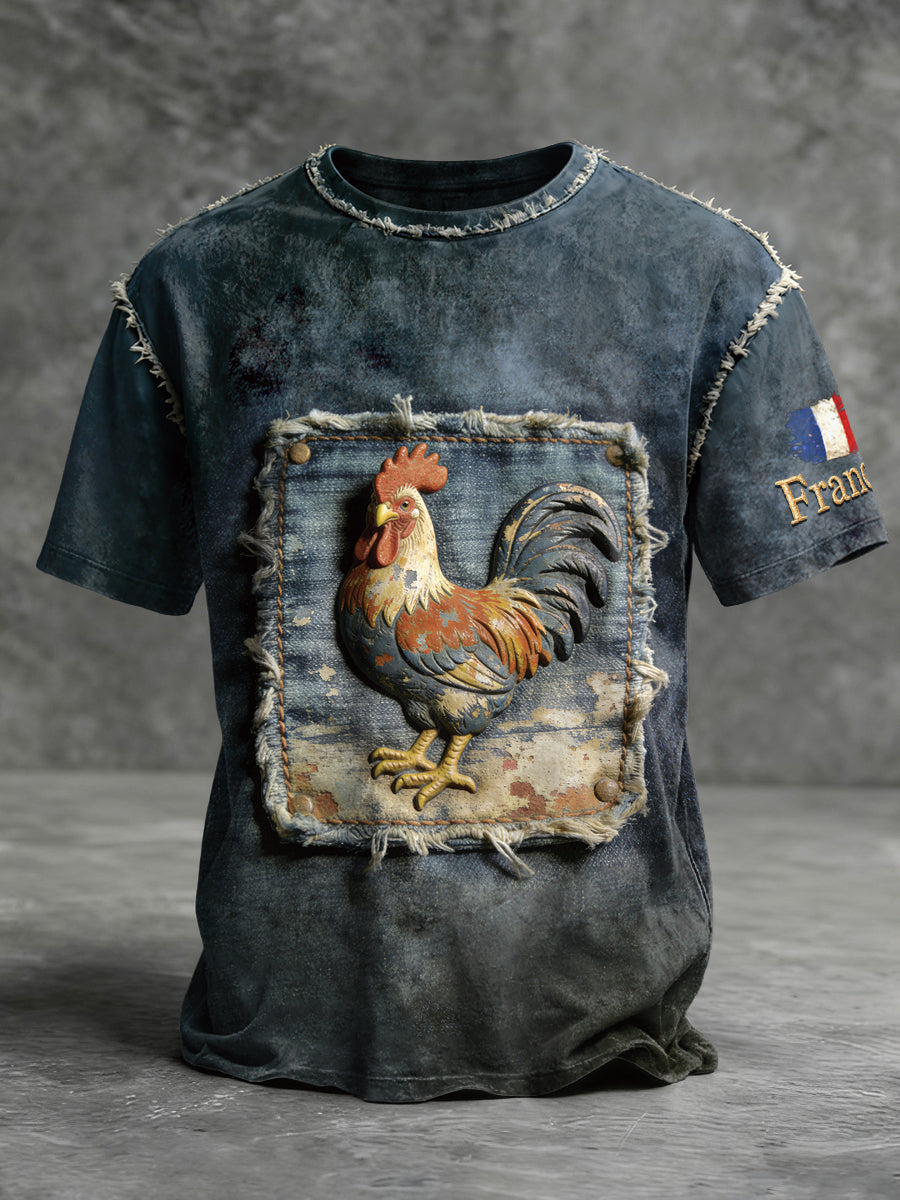 Coq français Imitation Denim Print Vintage T-Shirt des hommes