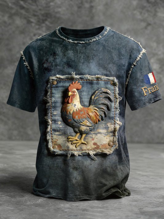 Coq français Imitation Denim Print Vintage T-Shirt des hommes