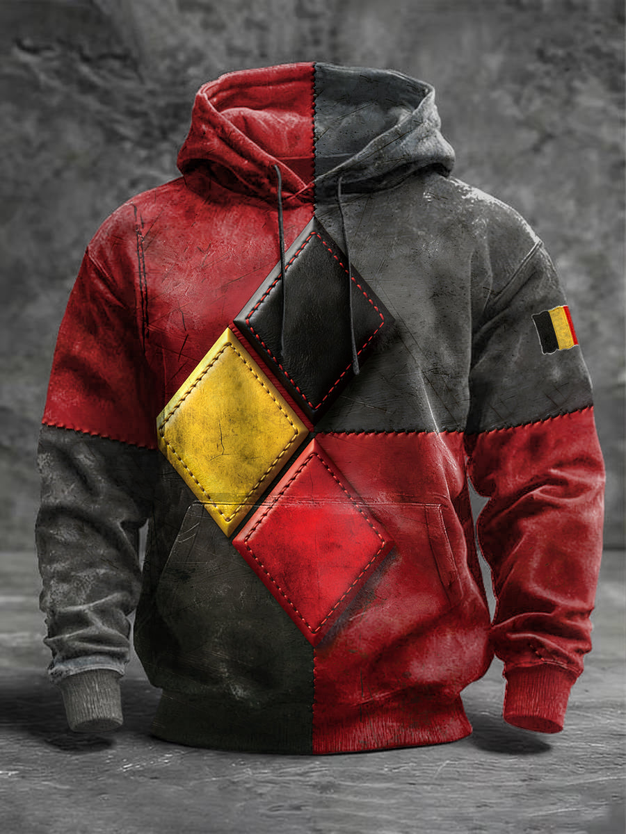 Sweat-shirt à capuche patchwork imprimé drapeau belge pour homme
