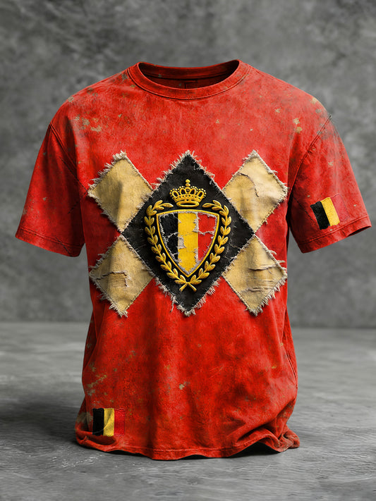 T-shirt à manches courtes rouge patchwork imprimé drapeau belge pour homme