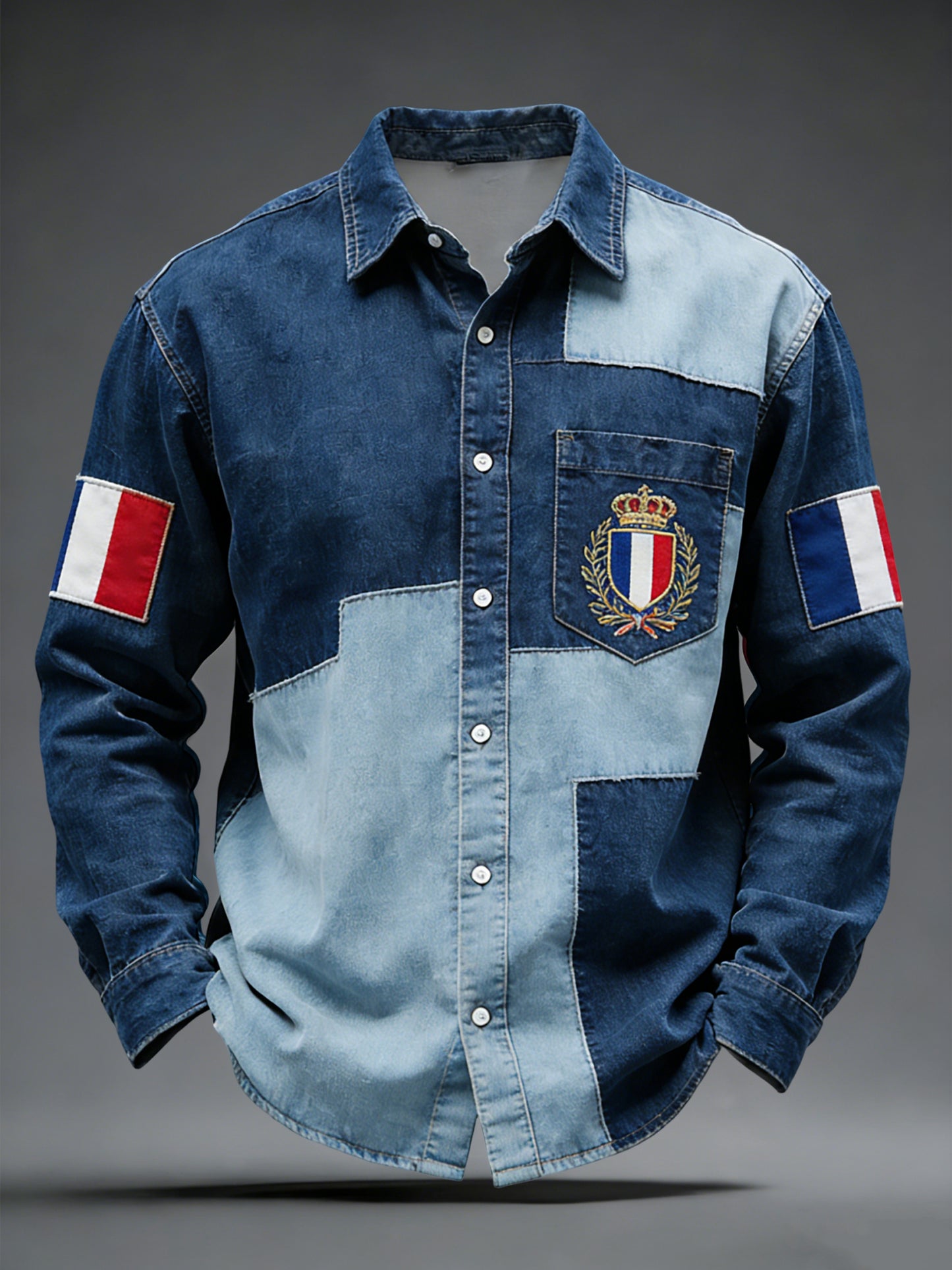 Chemise Décontractée Rétro Drapeau Français Denim Patchwork