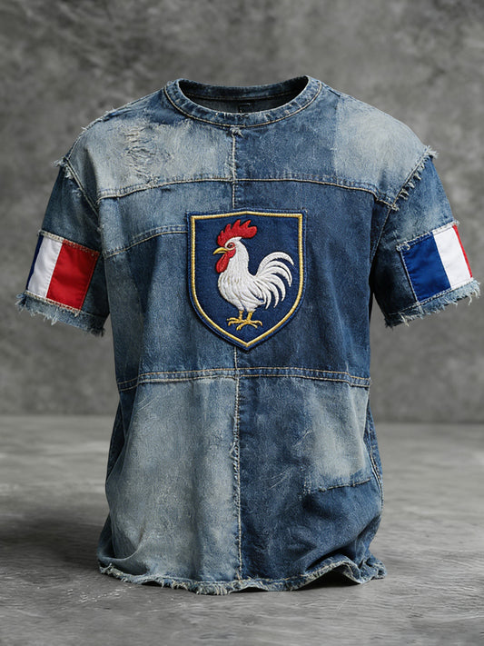 T-shirt décontracté patchwork emblème de coq français délavé vintage