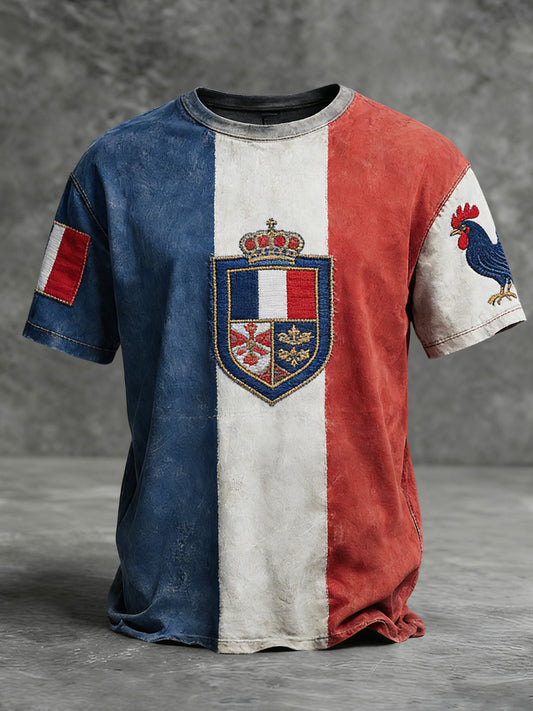 T-shirt décontracté patchwork de coq drapeau français délavé vintage