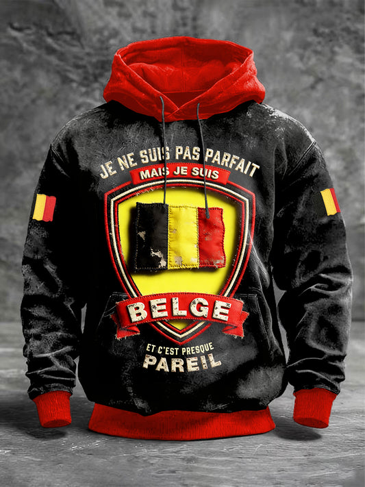 Sweat-shirt à capuche en patchwork noir imprimé drapeau belge pour homme