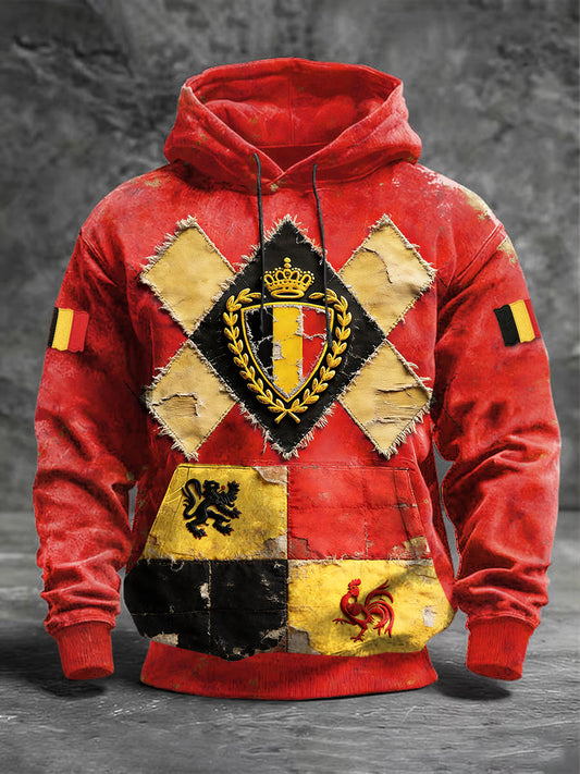 Sweat-shirt à capuche rouge imprimé drapeau belge pour homme