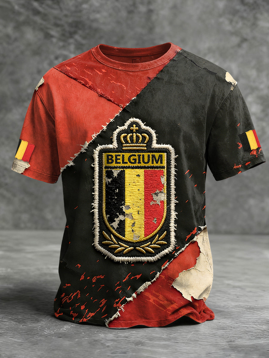 T-shirt à manches courtes vintage avec imprimé drapeau belge pour hommes