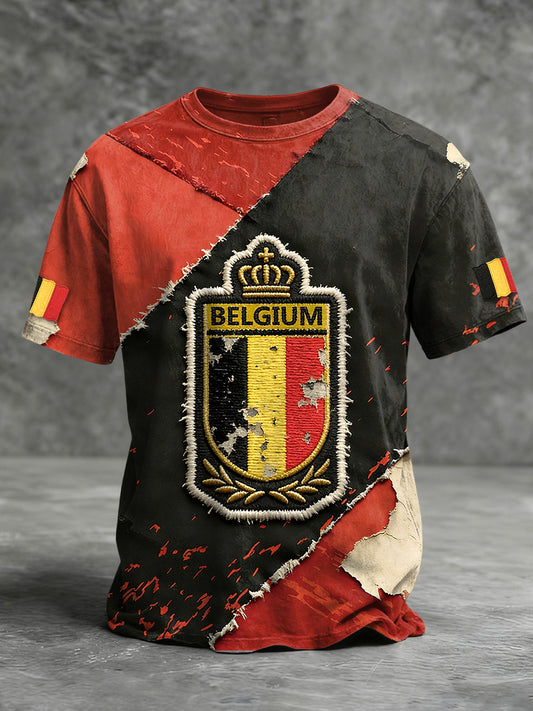 T-shirt à manches courtes vintage avec imprimé drapeau belge pour hommes
