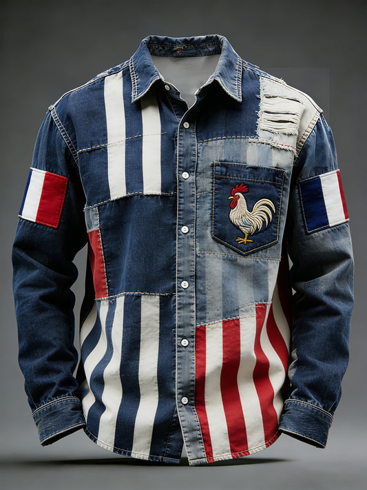 Rétro Drapeau Français Coq Patchwork Color-Block Casual Et Confortable Chemise