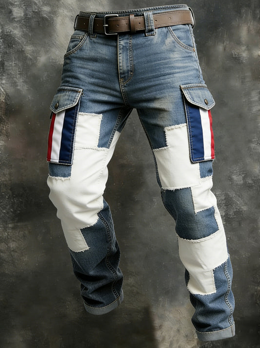 Rétro Français Coq Emblème Patchwork Pantalon De Travail Décontracté