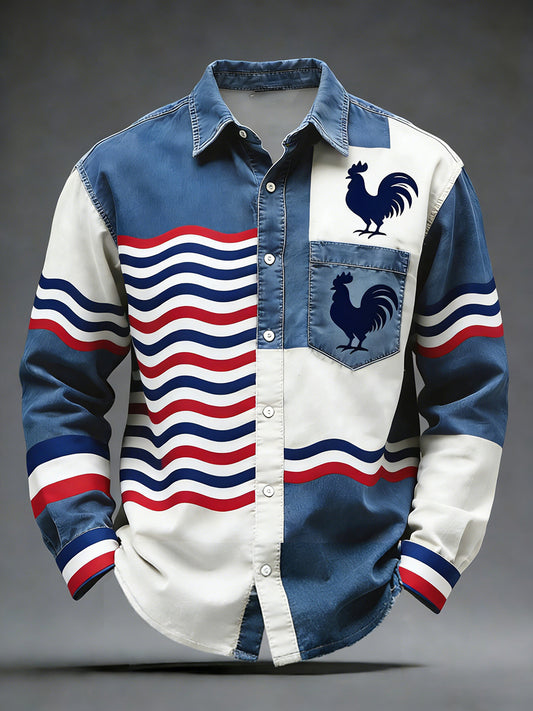 Rétro Drapeau Français Coq Patchwork Color-Block Casual Et Confortable Chemise