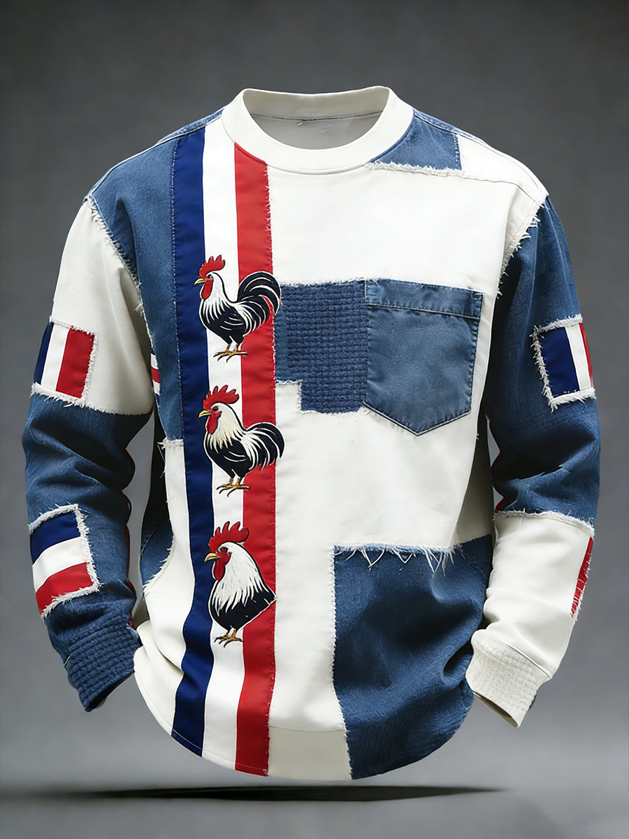 Le drapeau français rétro et le coq gaulois Patchwork Casual Waffle-Knit haut confortable