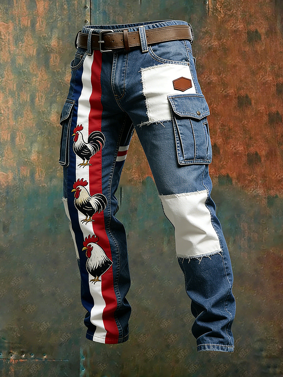 Hommes Vintage Drapeau Français Et Gallic Coq Imprimer Business Casual Pantalon De Travail