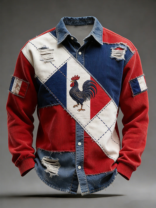 Rétro Drapeau Français Coq Patchwork Color-Block Casual Et Confortable Chemise