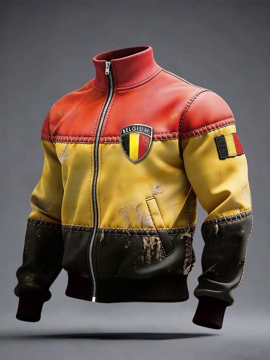 Drapeau belge des hommes Vintage Patchwork Imprimer col montant Veste