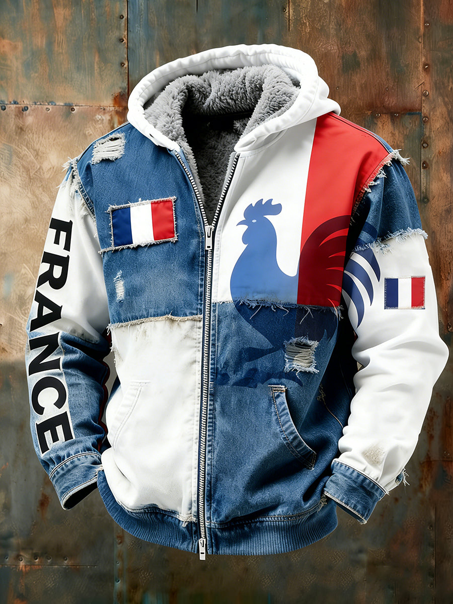 Veste à capuche doublée polaire pour homme, emblème du drapeau français vintage