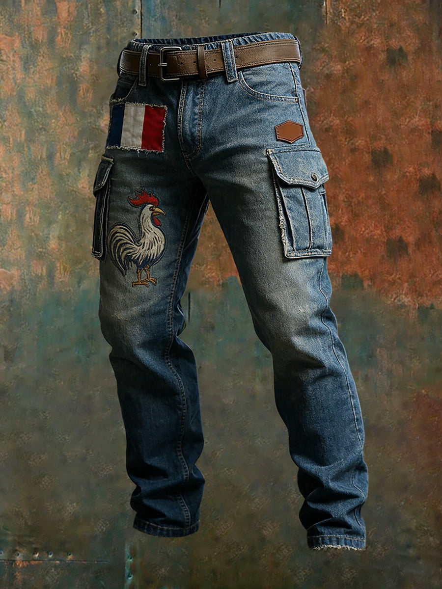 Hommes Vintage Drapeau Français Et Gallic Coq Imprimer Business Casual Pantalon De Travail