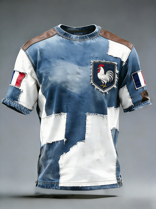 Drapeau français rétro et gaulois Coq Patchwork Art T-shirt décontracté