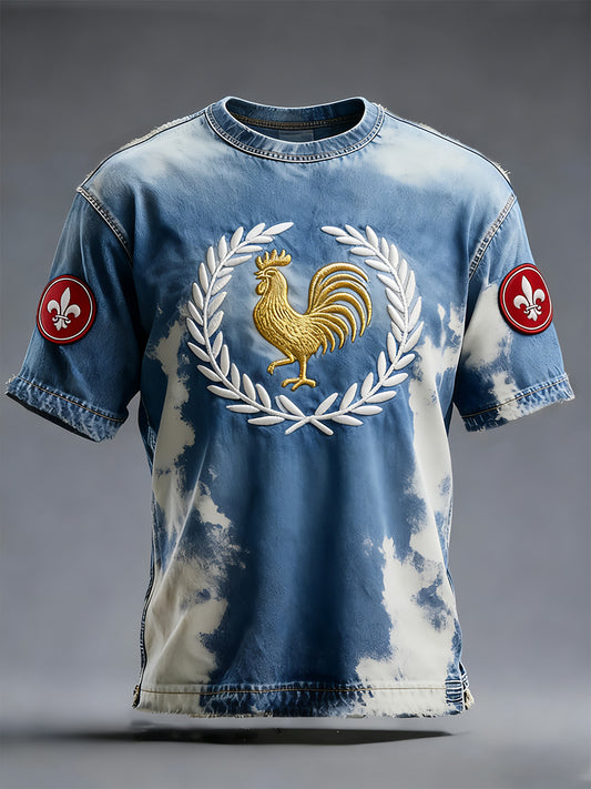 Drapeau français rétro et gaulois Coq Patchwork Art T-shirt décontracté