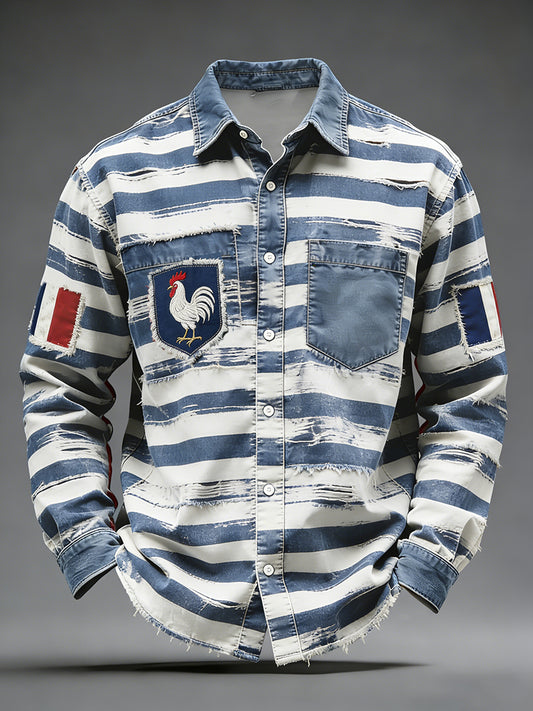 Rétro Drapeau Français Coq Patchwork Color-Block Casual Et Confortable Chemise