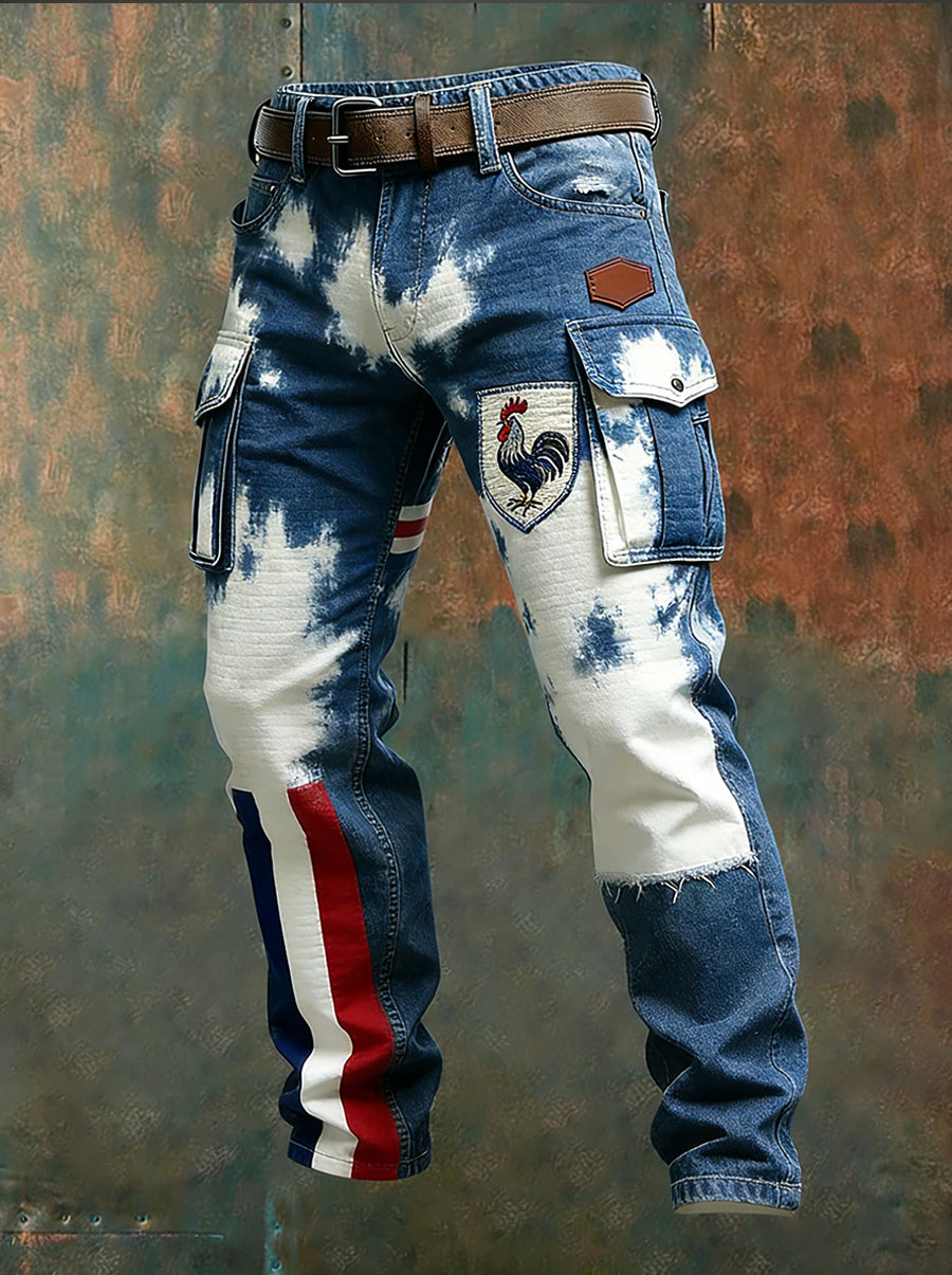 Hommes Vintage Drapeau Français Et Gallic Coq Imprimer Business Casual Pantalon De Travail