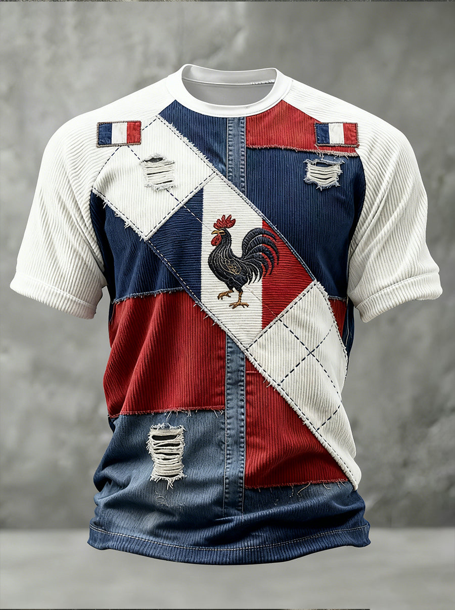 Vintage Français Drapeau gaulois Coq T-shirt décontracté en détresse des hommes