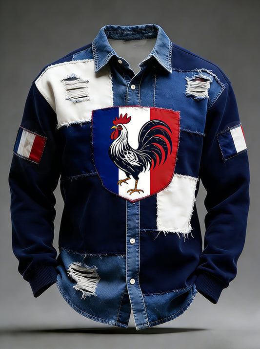 Rétro Drapeau Français Coq Patchwork Color-Block Casual Et Confortable Chemise