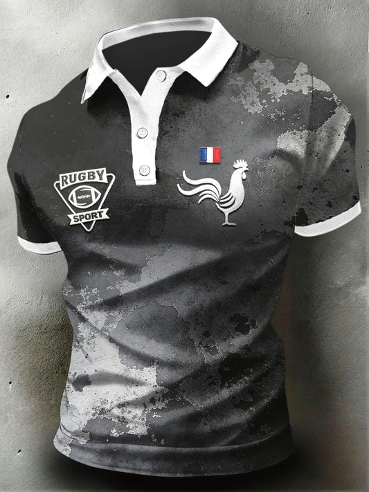 Polo à manches courtes en patchwork décontracté pour homme French Rooster Rugby Print