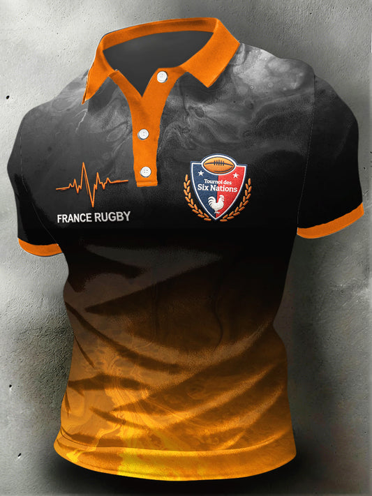 Polo à manches courtes en patchwork orange imprimé rugby français pour homme