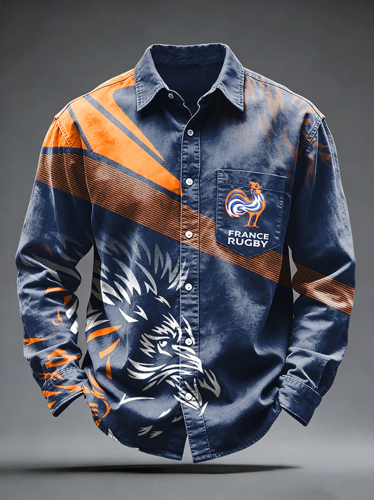 Chemise à manches longues décontractée French Rooster Rugby Print pour homme