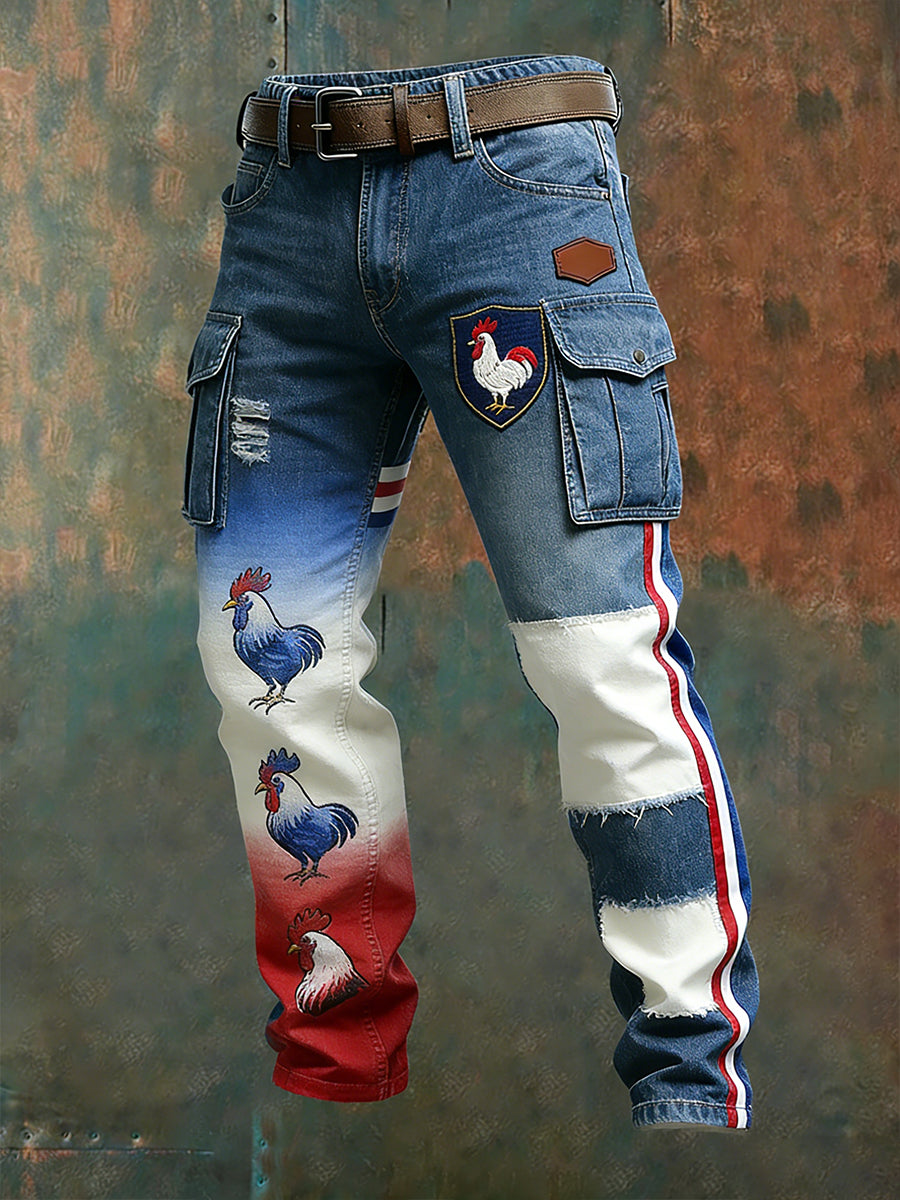 Hommes Vintage Drapeau Français Et Gallic Coq Imprimer Business Casual Pantalon De Travail