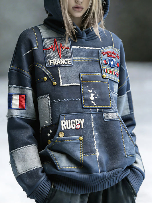 Sweat-shirt à capuche femme French Rugby Six Nations Denim Patchwork Imprimé
