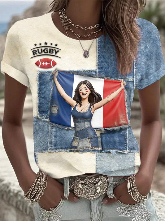 T-shirt décontracté à imprimé patchwork inspiré du rugby français pour femme