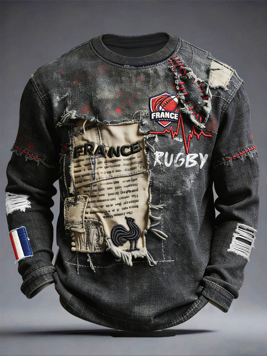 Français Rugby Vintage Denim Patchwork Imprimer Casual T-shirt à manches longues pour hommes