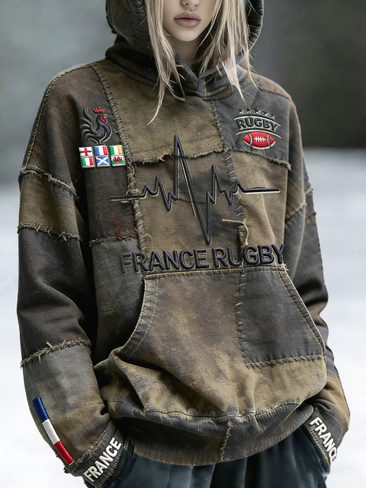 Femmes Français de Rugby Six Nations Denim Patchwork Imprimer Vintage Sweat à capuche