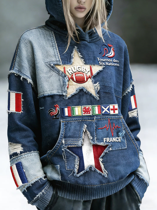 Sweat-shirt à capuche pour femme French Rugby Six Nations Cowboy