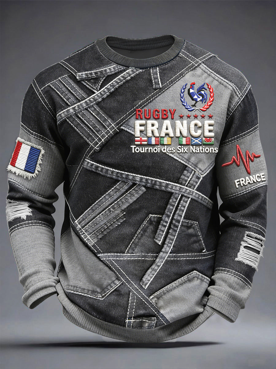T-shirt Vintage à manches longues pour homme French Rugby Six Nations Cowboy